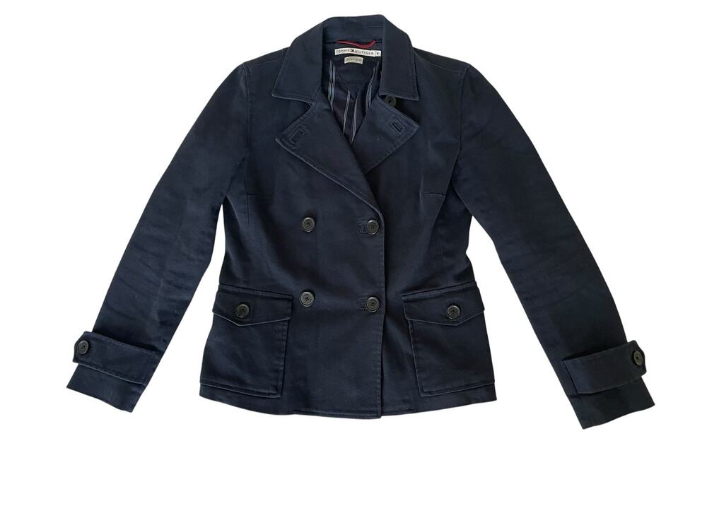 Tommy Hilfiger Women's Double-Breasted Stretch Cotton Blazer Navy Blue Size 8